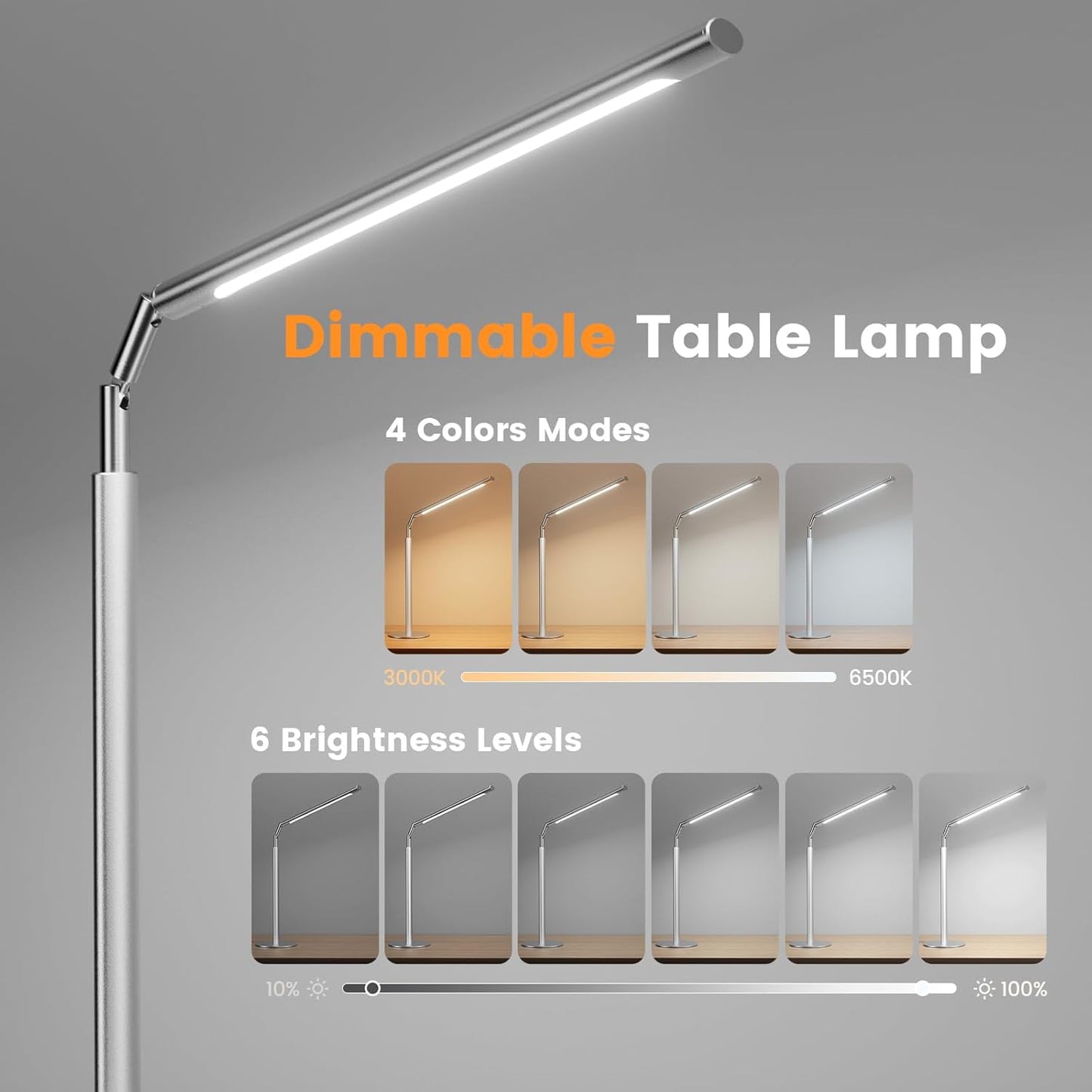 16 Inch Foldable LED Desk Lamp 4 Color Temps 15W 1200 Lumens Dimmable with Flexible Arm for Home Office Study Silver