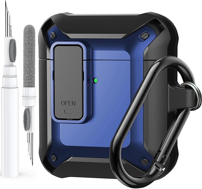 for Airpods 2nd 1st Generation Case Men Lock with Cleaner Kit, Rugged AirPod 2/1 Gen Protective Hard Cover Shockproof Skin Boys Women with Keychain for Apple iPods 2nd/1st Cases, Black