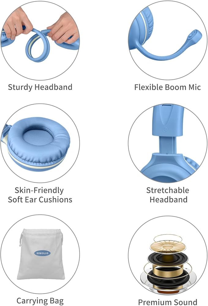 SIMOLIO Kids Headphones Wired with Flexible Rotatable Microphone for Virtual School & Gaming, Safe Volume Cord Headphone for Boys, Teens, Children, Durable Lightweight Folding Headset for PC, Xbox