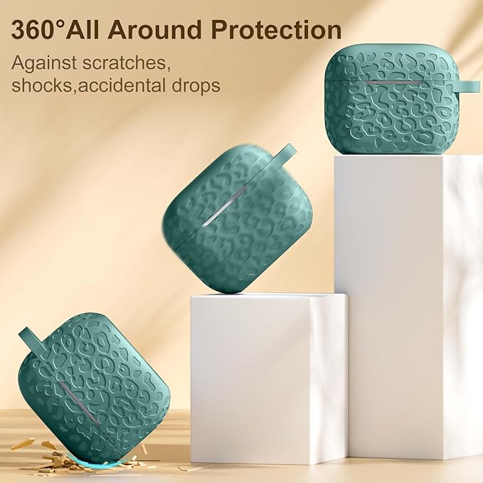 Leopard Engraved for AirPods 4 Case Cover 2024,Soft Silicone Protective Case Compatible with Apple AirPods 4th Generation Case for Women,Cute AirPod 4 Case Accessories with Keychain,Pinggreen