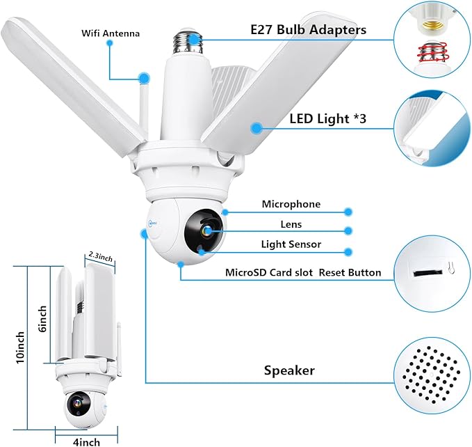 Wireless Security Camera Light Works with Alexa,Super Bright 30W 3000Lumens Garage Light with Wired Socket and 128g TFcard, WiFi 360 PTZ Smart AI Human Detection Cam,Two-Way Audio,Color Night Vision