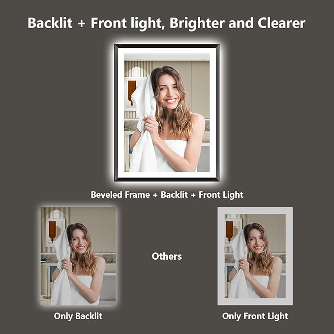 40x32 Black Framed LED Bathroom Mirror with Lights, Backlit and Front Light, Lighted Bathroom Vanity Mirror for Wall Dimmable Anti-Fog Memory Tempered Glass Horizontal/Vertical