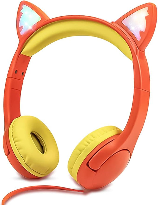 Olyre Kids Headphones, Safe 85db Volume Control Light Up Cat Ear Headphones with Sharing Port for Classroom/Travel/Homeschool, Sparkling Birthday Gifts for Girls & Boys - Orange