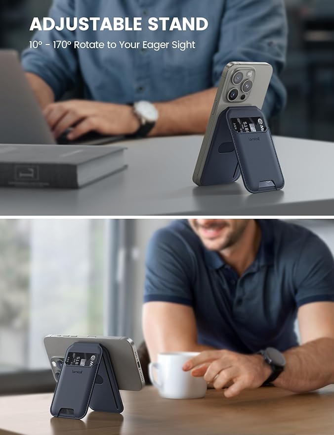 Lamicall Upgraded 2.3oz Light for Magsafe Wallet Stand - Slim Phone 3 Cards Holder, Adjustable Leather Apple iPhone Wallet Stand, Magnetic for iPhone 17/16/15/14 Series, Not for Mini, Dark Blue