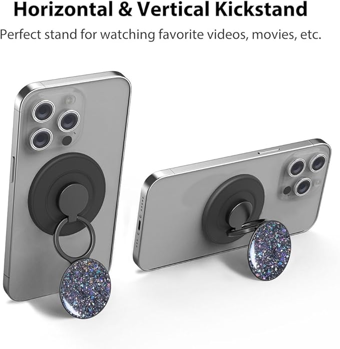 Magnetic Phone Grip Compatible with MagSafe, Magnetic Phone Ring Holder Finger Kickstand Wireless Charging Compatible, Adjustable Phone Rings Gripper Stand for MagSafe iPhone - Black Sparkle