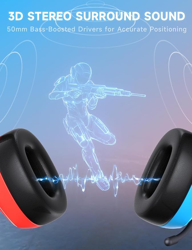 2.4GHz Wireless Gaming Headset for Switch/Lite/OLED - Bluetooth 5.3 Gaming Headphones with 7.1 Surround Sound for Fortnite, 50mm Speakers, 70H Battery, Blue Lighting - BlueRed