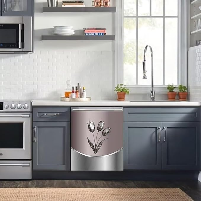 Generic Dishwasher Metal Texture Cover Magnetic Decor, Metallic Flowers,Polished Dishwasher Magnet Cover 23x26inch, Home Panel Decal Pink Stainless Steel Style Sticker, Rimyy111-4