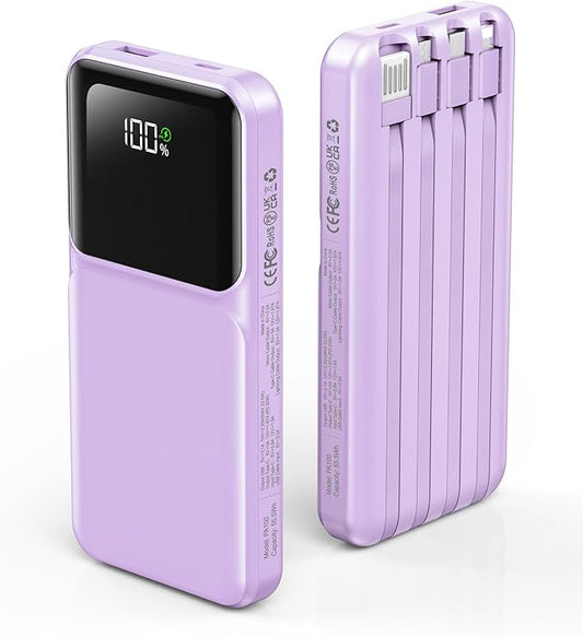 Portable Charger with Built in Cable - Power Bank Fast Charging USB C LED Display 10000mah Battery Pack 5 Outputs & 3 Inputs for Travel Essentials iPhone Samsung Android Phones Tablets Purple