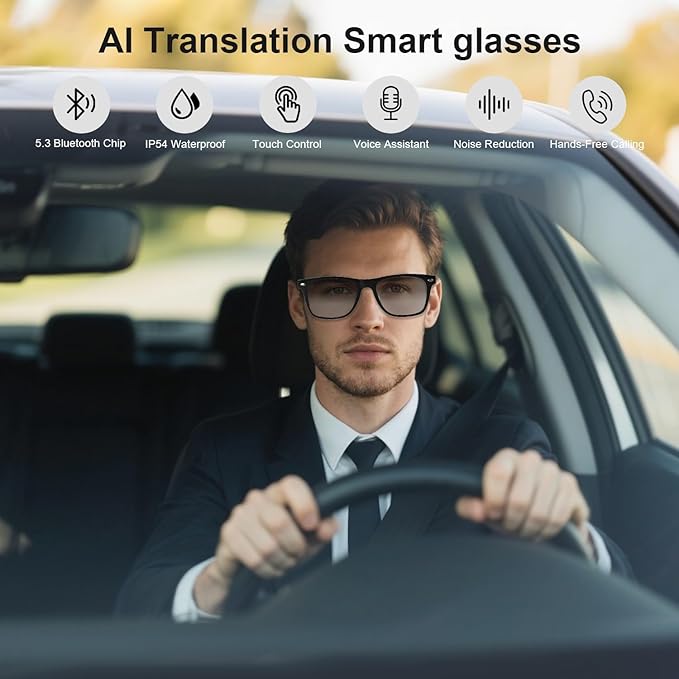 AI Bluetooth Glasses, AI Glasses Powered by ChatGPT, Color-Change Lenses, Support 169 Languages, Real-Time Translation via APP, Smart Glasses for Meeting/Travel/Trade (Clear)