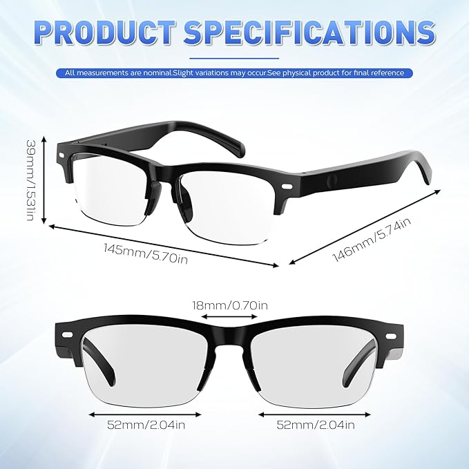 Smart Glasses, Bluetooth Blue light Glasses with Half Frame Design, Color-Change Lenses, Open-Ear Speakers, Intelligent Control, Wearable Tech Bluetooth Glasses for iPhone Android Music/Calls
