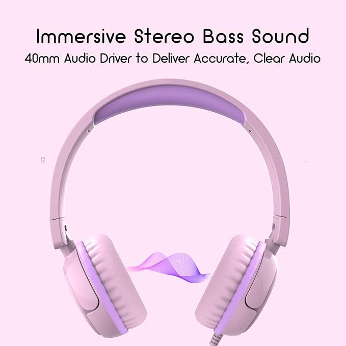 Kids Headphones, V1 Wired Stereo Foldable Tangle-Free 3.5mm Adjustable On-Ear Headphones for Kids for School/Toddlers/Childrens/Teens/Boys/Girls/Ipad/Tablet/Kindle/Phones/Travel/Plane (Pink)