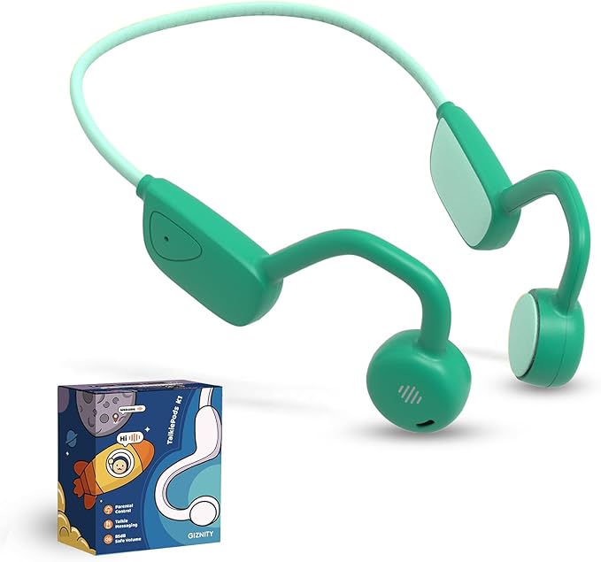 Kids Bluetooth Headphones, Air Conduction Open-Ear Headphones, Mic/Touch, 85dB Safe Volume & Parental Control, Clear Audio, 1.06oz, Rugged & Durable, IP54, 20H, Earbuds for School/Travel - Green
