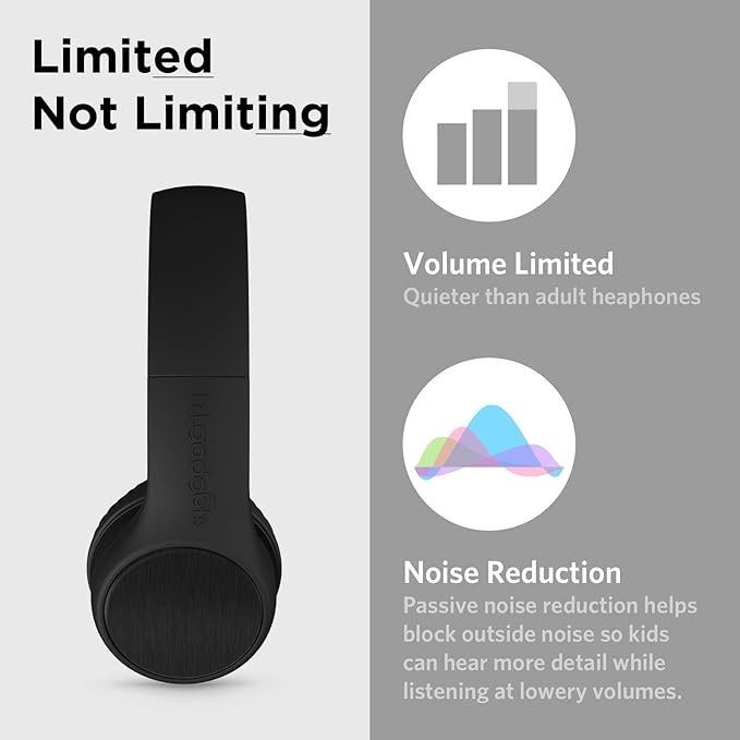LilGadgets Connect+ Style On-Ear Kids Headphones with Microphone - SharePort Technology, SoftTouch Padding, Detachable Cable, Volume Limiting, Durable & Adjustable - Black