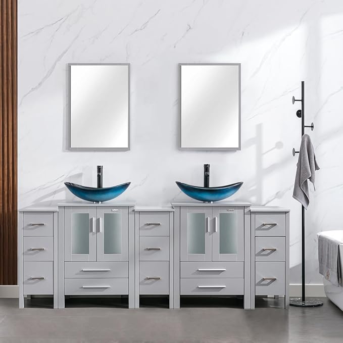 eclife 84" Modern Bathroom Vanity Sink Combo Freestanding Cabinet with Small Side Cabinet, Blue Boat Glass Vessel Sink, Water Save Faucet, Drain (Gray+A29BU)