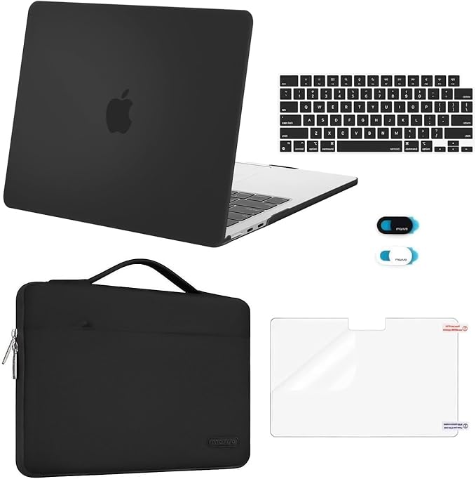 MOSISO Compatible with MacBook Air 13 inch Case M5 2026 M4 2025 M3 M2 2024-2022 A3449 A3240 A3113 A2681,Hard Shell&Sleeve Bag&Keyboard Skin&Webcam Cover&ScreenFilm for MacBook Air 13.6, Black