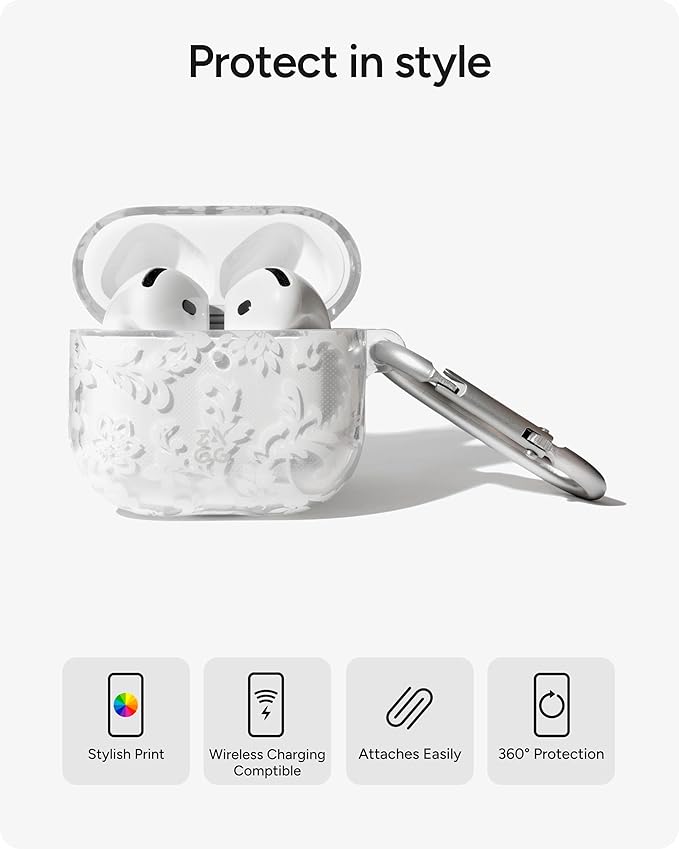 ZAGG Case with Carabiner for AirPods 4 – Wireless Charging Compatible Protective Cover – 360° Drop, Dust & Scratch Protection, Durable Silicone Design, Boho Blossom