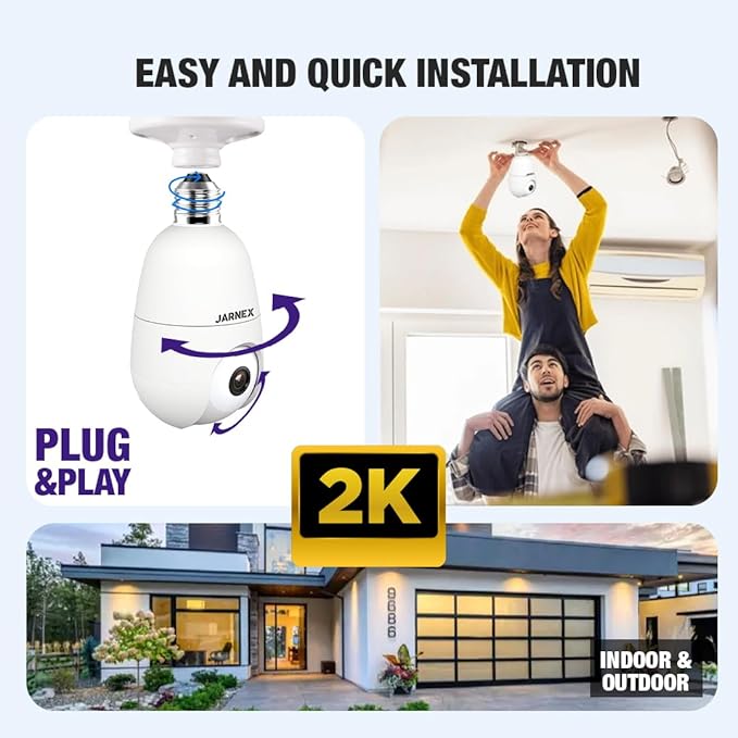 4MP Bulb Home Security Camera - 5G & 2.4GHz WiFi, 360° Wireless Outdoor/Indoor, Color Night Vision, 2-Way Audio, Siren Alarm, Compatible with Google and Alexa