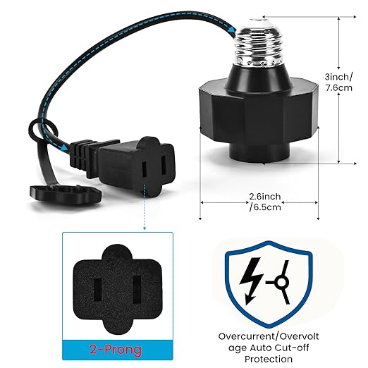 E26 Socket to AC Outlet Power Adapter, 2-Prong Plug Light Socket for Smart Bulbs and Outdoor Cameras, Includes Extension Cord, Ideal for Security Systems and LED Strips (Max 300W) 2 Pack