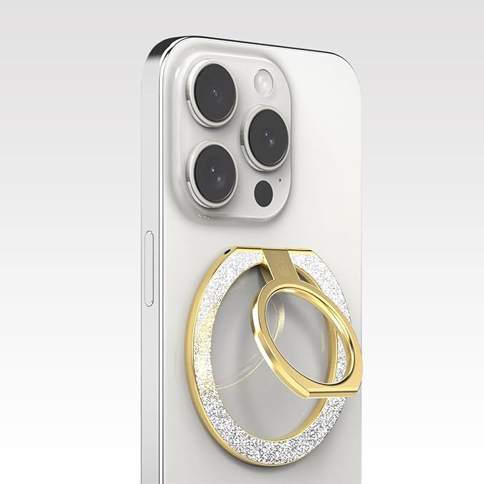 PureGear Magnetic Phone Grip Ring Stand, Magnetic Phone Ring Holder for MagSafe iPhone Air, 17, 17Pro, 17ProMax, 16, 16Plus, 16ProMax, 15, 14, 13, 12 Adjustable Kickstand(Gold with Silver Glitter)