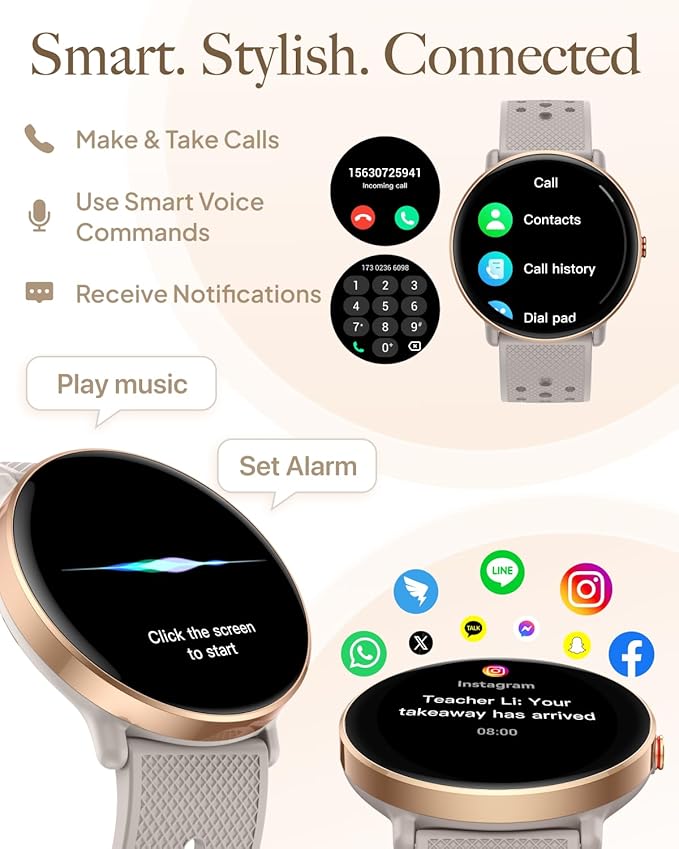 Smart Watch for Women Men, for Android iOS with Sleep & Calorie Monitor, Pedometer Fitness Tracker, Bluetooth Call, IP68 Waterproof, 112+ Sport Modes Round Face Smartwatch (Gold-Pink)