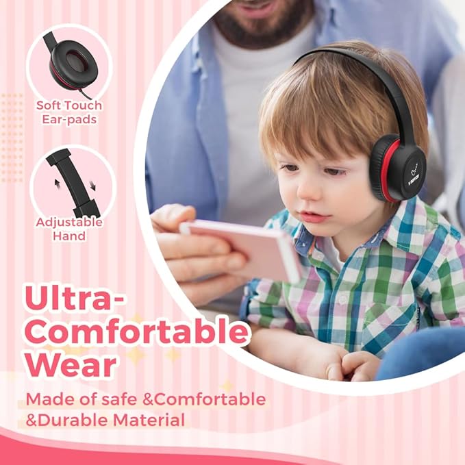 Kids Headphones, Wired Headphones for Kid with Safe Volume Limiter, Kid Headphone with Cord 3.5mm Jack, On-Ear Girls Boys Toddler Headphone for School ﻿