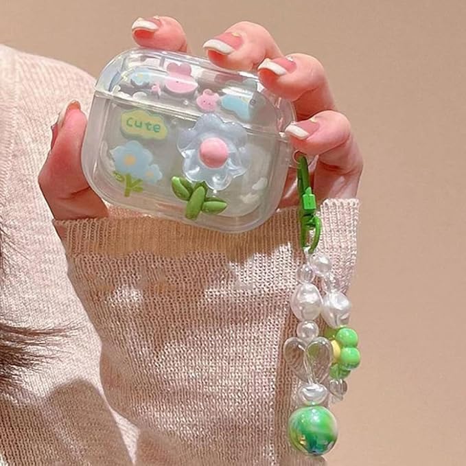Cute Airpod Pro 2 / Airpod Pro Case 3D Flower with Keychain Clear Hard TPU Protective Cover Compatible with AirPods Pro 2nd/1st Generation Case for Girls Women (Floral Green)