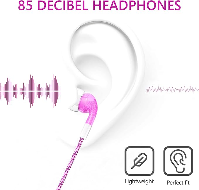 GEEKRIA Kids Wired Earbuds with Mic & Volume Control for School and Online Class, Children's 3.5mm Jack in-Ear Earphone with 85dB Volume Limit for Small Ears, Storage Case Included (Pink)