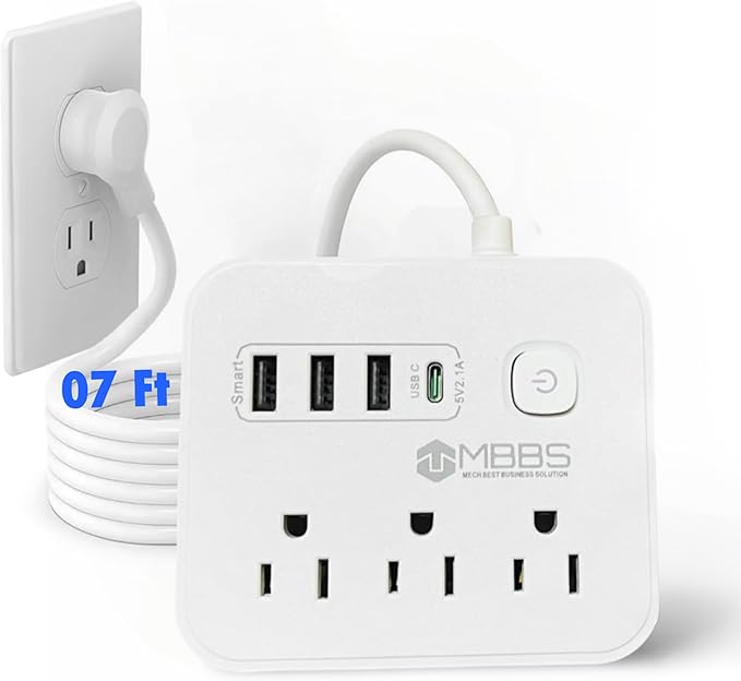 7 ft Surge Protector Power Strip with USB C, 1200J Protection, Heavy Duty Extension Cord – (7-in-1) 3 AC Outlets, 4 USB Ports, LED On/Off Switch – Compact & Travel Friendly – Home, Office (White)