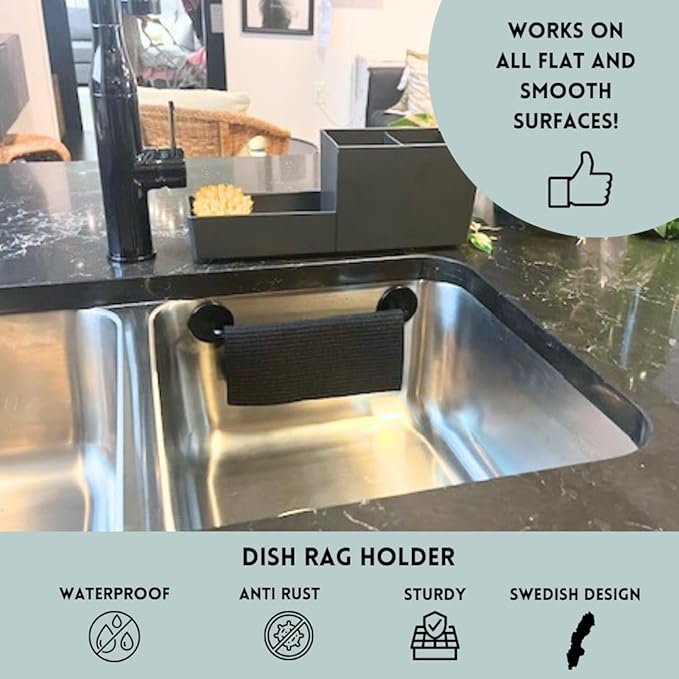 Black Steel Dish Cloth Rail for Kitchen, Towel Holder for All Types of Sinks and Flat Smooth Surfaces