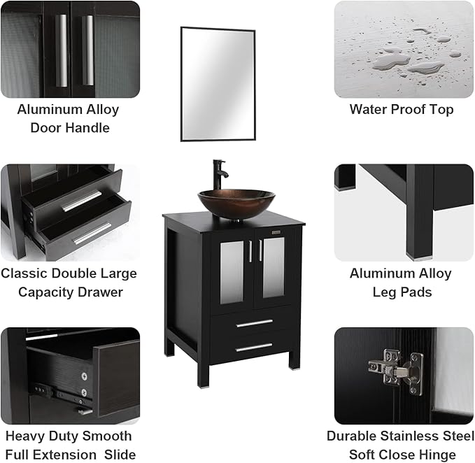 eclife 24" Modern Bathroom Vanity Sink Combo Freestanding Cabinet with Soft Closing Door, Brown Round Glass Vessel Sink, Water Save Faucet, Drain (Black+A09)