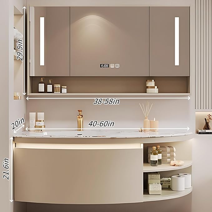 48IN Floating Bathroom Vanity, Wall Mounted Wood Sink Cabinet with Smart Sensor LED Light Strip & Open Style Side Cabinet | LED Lights & Defogging Function, Single Sink Vanities Set (Beige)