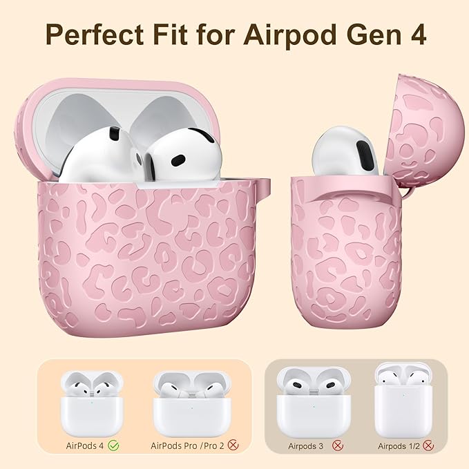 Leopard Engraved Compatible with AirPods 4 Case Cover 2024,Soft Silicone Protective Case for Apple AirPods 4th Generation Case for Women,Cute AirPod 4 Case Accessories with Keychain (Lightpink)