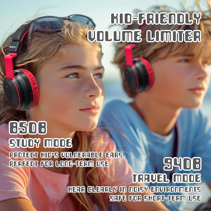 Kids Headphones Bluetooth 5.3 Wireless 60H Play Time Volume Limited 85/110dB Over Ear Foldable Headset with Cable Aux Mic for iPad Notebook Boy Girl Travel School Tablet Black