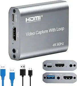 USB 3.0 HDMI Capture Card with 4K60 Input and Loop-Out, 1080P60 Ultra-Low Latency Game Capture for Streaming, Plug & Play with Mic/Audio Input, Compatible with PS5/Xbox/Switch/PC/OBS