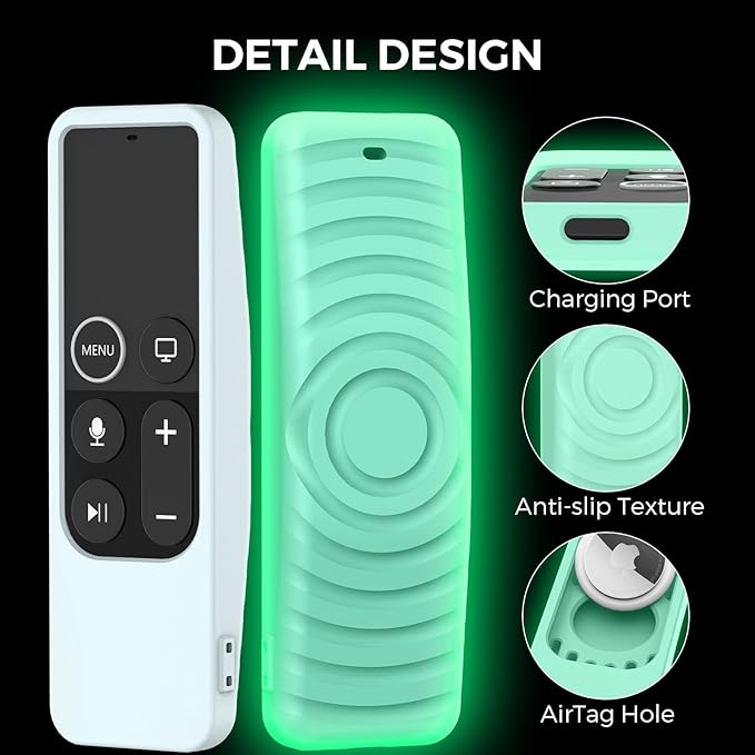 AhaStyle Protective Case for Apple TV Siri Remote with AirTag Holder, Anti Slip Silicone Cover Compatible with Apple TV HD and 4K [1st Gen] (Glow Blue)