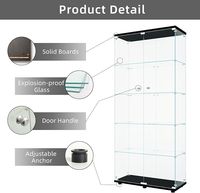LFT HUIMEI2Y Glass Display Cabinet 5-Shelf with 2 Doors and Lock, Curio Cabinets Upgraded Quick-Install Style 5mm Tempered Glass Floor Standing Bookshelf for Living Room, Bedroom, Kitchen Black