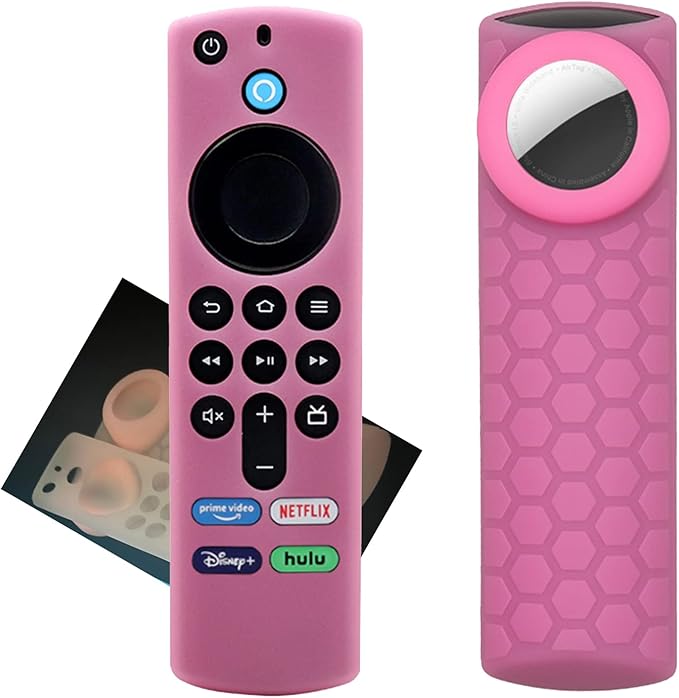 Glow Case for TV Stick 4k Max (3rd Gen 2021) Alexa Voice Remote Cover with Holder for Airtag and Tile Sticker 2020,Glow in Dark 2 in 1 Silicone Protective Sleeve for AirTag Remote Control,Glow Pink