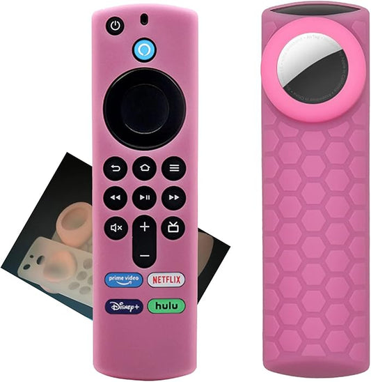 Glow Case for TV Stick 4k Max (3rd Gen 2021) Alexa Voice Remote Cover with Holder for Airtag and Tile Sticker 2020,Glow in Dark 2 in 1 Silicone Protective Sleeve for AirTag Remote Control,Glow Pink