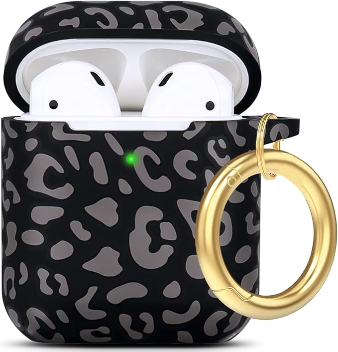 Leopard Silicone Case Cover Compatible with Airpods Case, Gawnock Soft Case Flexible Compatible with Airpods 2nd/1st Generation Print Cover for Women Girls with Keychain - Gray Leopard Cheetah