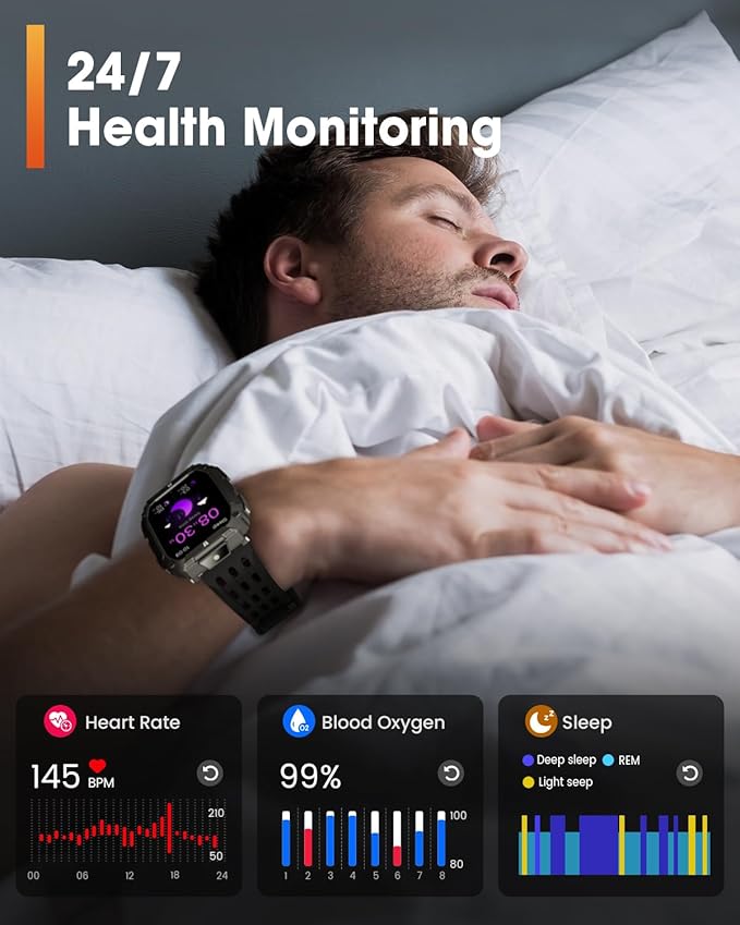 Smart Watches for Men, Military Smart Watch with 100 Days Battery/LED Flashlight, 1.95'' Fitness Watch with Heart Rate/ Sleep Monitor/100+ Sports Mode, 5 ATM Rugged Smartwatch for Android and iPhone
