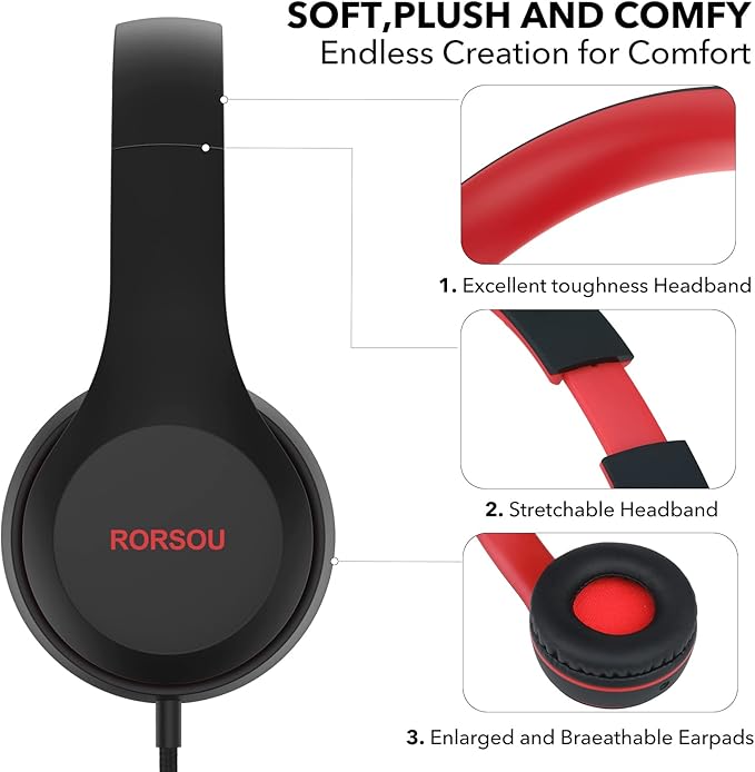 RORSOU K5 Kids Headphones with Microphone for shchool, Volume Limiter 85/94dB, Foldable Stereo Tangle-Free 3.5mm Jack Wired Cord On-Ear Headphones for Children/Boys/Girls/Kindle/Tablet/MP3/4 (Black)