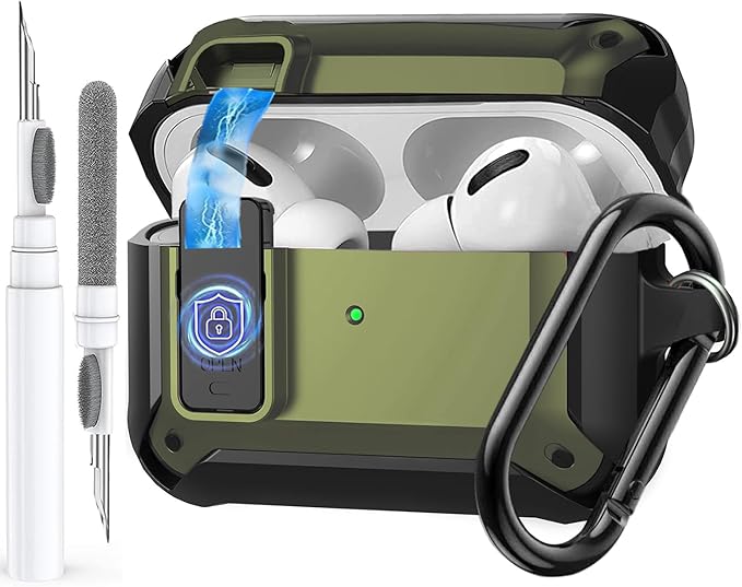 for Airpods Pro 3 Case with Magnetic Automatic Lock, Rugged Apple Airpods Pro 3rd Generation Cover 2025, Armor Shockproof iPod Pro3 Gen Protective Hard Shell Carabiner&Cleaner kit, Army Green