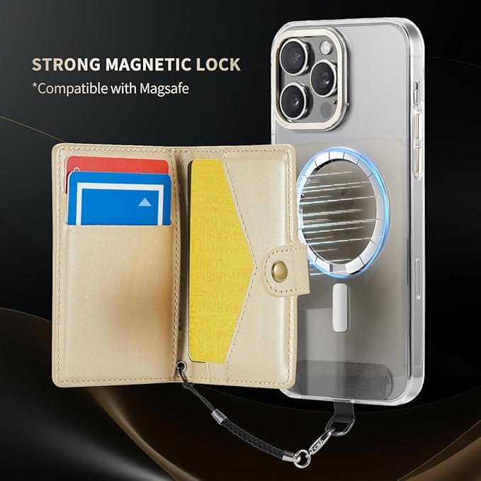 for Apple Magsafe Wallet,PU Leather Magnetic Wallet for iPhone 16/15/14/13/12 pro Max/Mini/plus,5 Card Holders with RFID Blocking (Gold)