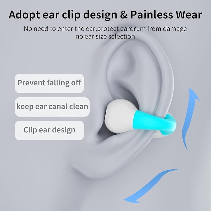Clip On Earbuds, Bluetooth 5.3 Lightweight Comfort Bone Conduction Open Ear Headphones with LED Digital Display Charging Case Sport Built-in Mic IPX7 Waterproof for Running Fitness Android, Light Blue