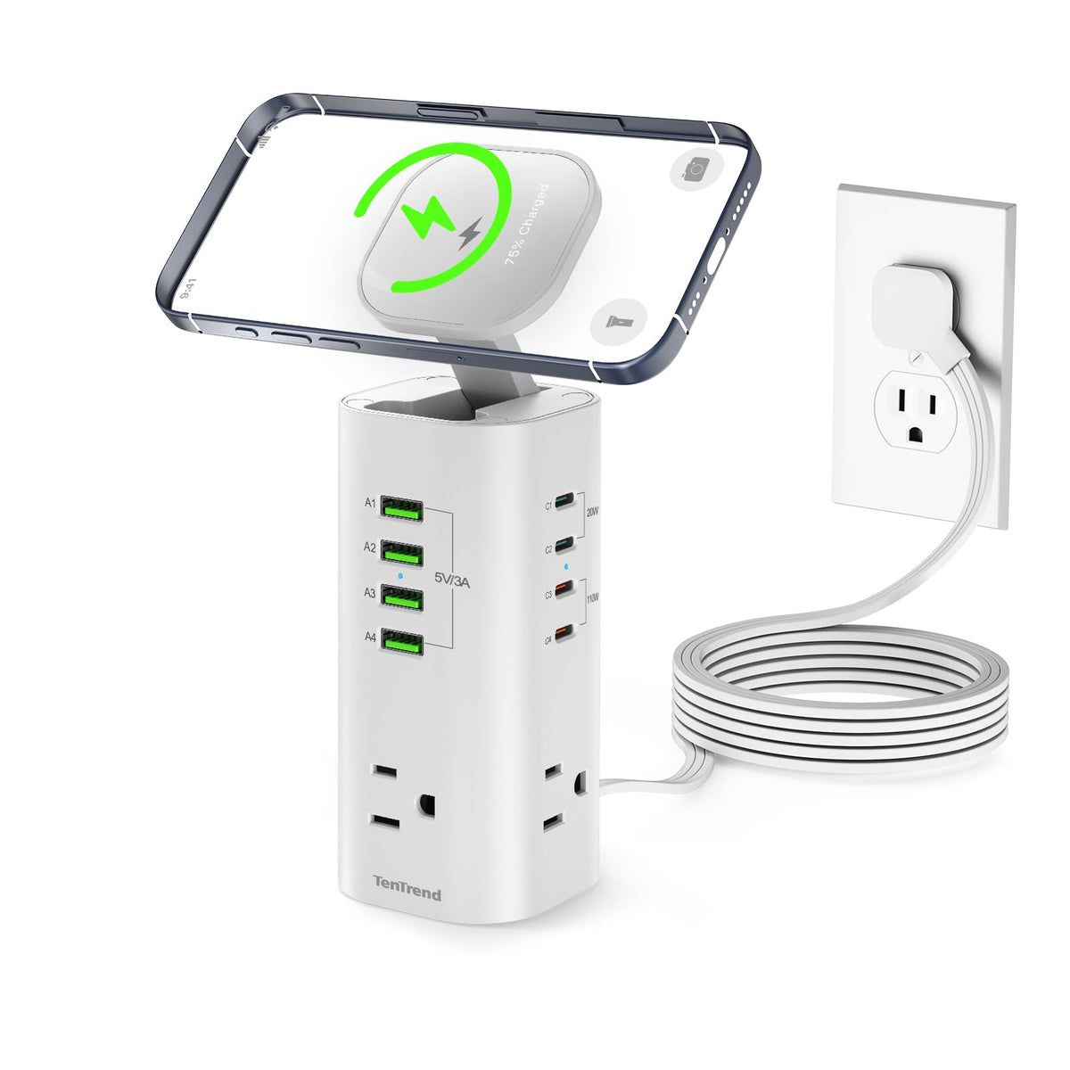 160W Fast Charging Station, TenTrend Power Strip Tower, 5FT Extension Cord