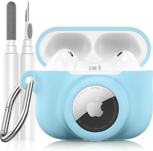 2 in 1 Silicone Case Compatible with AirPods Pro 3 and AirTag 2/1, Shockproof Protective Case Cover for AirPods Pro 3rd Generation 2025 with Cleaner Kit & Carabiner (Sky Blue)