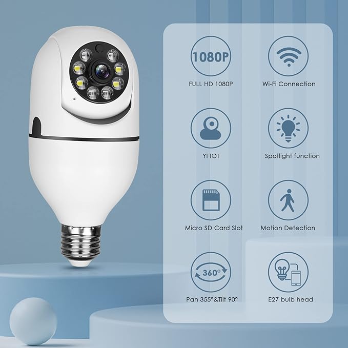 UPULTRA Light Bulb Security Camera 1080P Wireless WiFi Outdoor Home IP Camera E27 360 Degree Panoramic,Motion Detection and Alarm,Two-Way Audio,Night Vision，2pack with 32GB Card