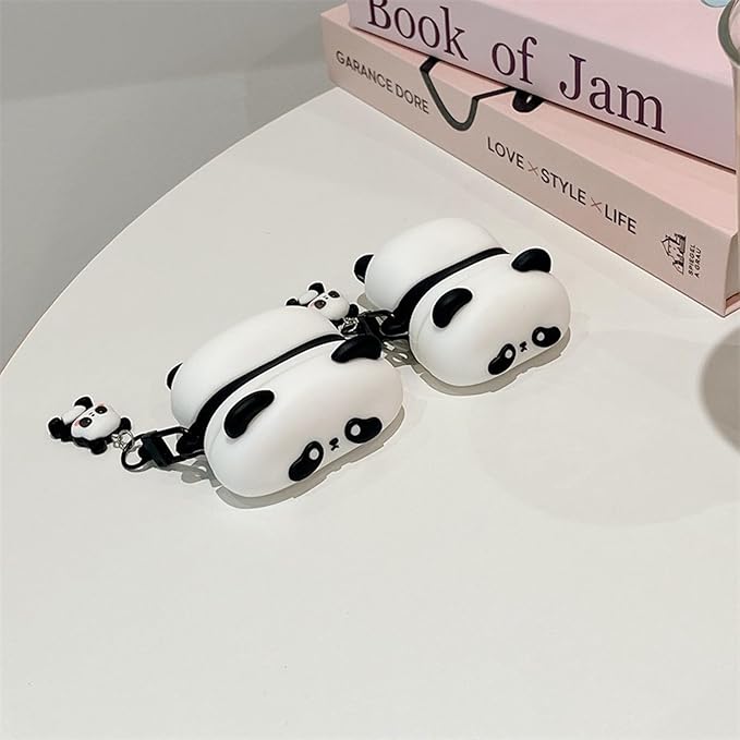 Wireless Charging Earphone Case Compatible with Airpods 4, Cute Animal Lying Panda Design Soft Silicone Full Body Protective Skin Cover, Kids Girls Women Cartoon Earbuds Accessories with Pendant