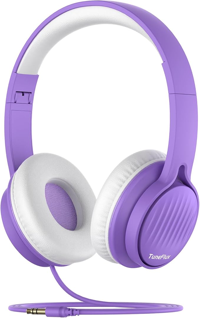 TuneFlux Upgraded Kids Headphones, Wired Toddler Headphones, 85dB Limited Volume On Ear Headphones, Portable Foldable Design, Stereo Sound Kids Headsets for School/Tablet/Travel-Purple