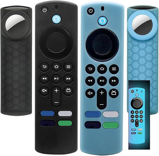 [2 Pack] Compatible for TV Stick 4k Max Remote Cover with Holder for Airtag,for Tile Sticker,Glow in Dark,TV Stick 3rd Gen Remote Case Compatible for Key Finder,Black and Glow Blue